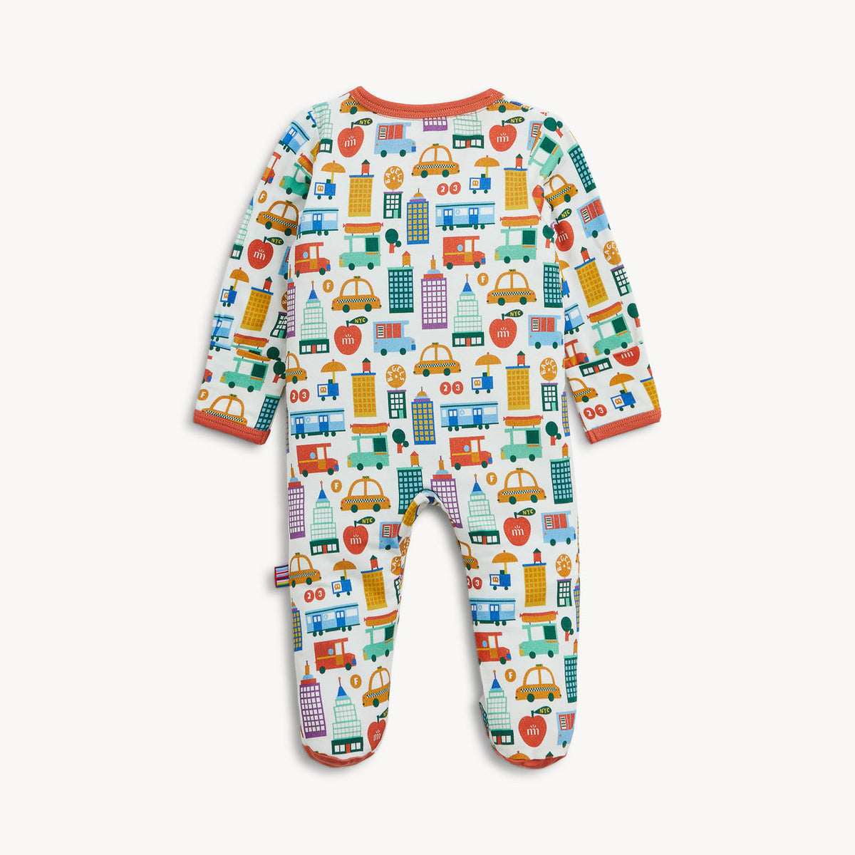 Baby onesie with colorful transportation pattern on a white background