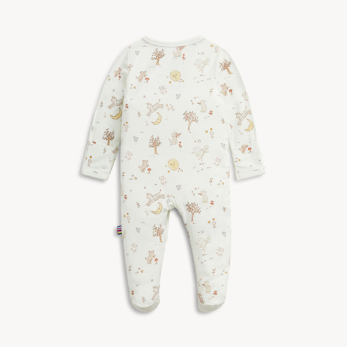 A baby footed one-piece jumpsuit in cream white with a delicate all-over print of trees, flowers, and suns in muted brown and soft orange tones, shown against a light off-white background.