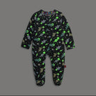 Children's onesie with dinosaur pattern on a gray background