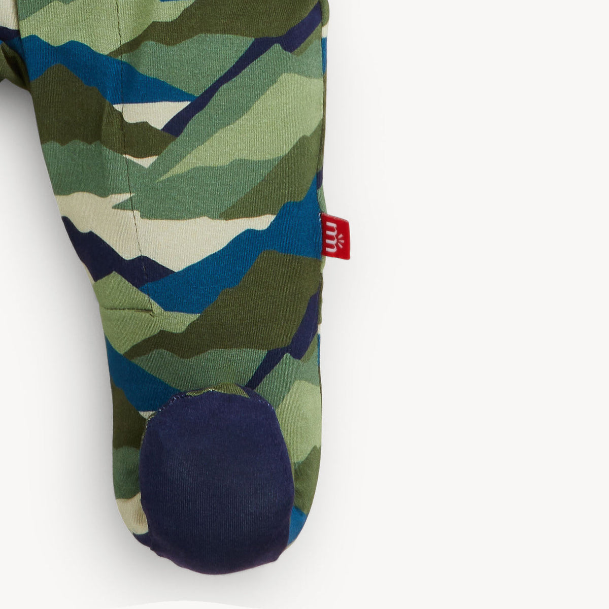Camouflage-patterned sock with a brand logo on a white background