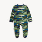 Camouflage-patterned baby onesie on a white background