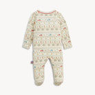 A baby footed sleeper from Miso Studio, featuring a cream-colored base with horizontal bands of colorful cartoon motifs including cars, trees, and circles, finished with a striped inner collar.