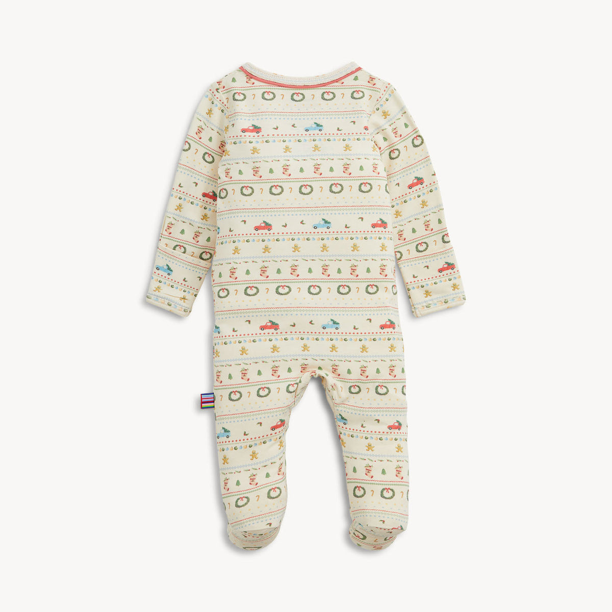 A baby footed sleeper from Miso Studio, featuring a cream-colored base with horizontal bands of colorful cartoon motifs including cars, trees, and circles, finished with a striped inner collar.