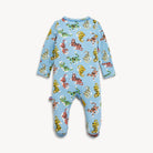 A baby footed one-piece sleeper in light blue with an all-over print of cartoon tigers in orange, yellow, green, and pink, shown on a light gray background.