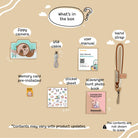 A beige packaging-style contents overview graphic showing the included items for a camera-themed product: zippy camera, USB cable, user manual, hand strap, memory card, sticker sheet, and scavenger hunt photo book, with labels and a note that contents may vary.