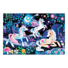 Close-up of the assembled Unicorn Dreams Glow in the Dark Puzzle featuring three detailed unicorns among glowing flowers and foliage under a starry night sky.