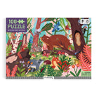 Product box for the Woodland World 100 Piece Puzzle by Mudpuppy, featuring an illustrated forest scene with woodland animals including a bear, fox, owl, and raccoon.