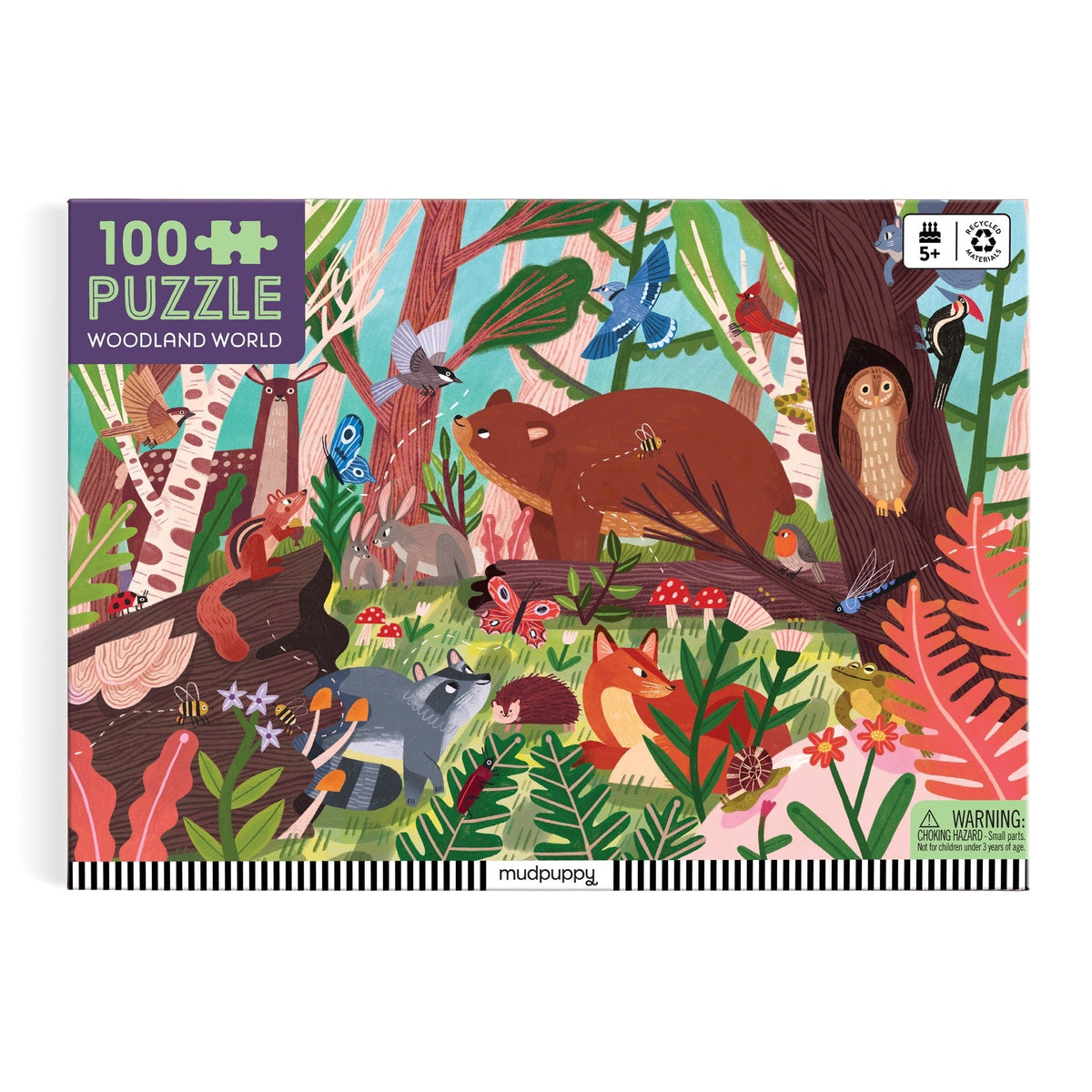 Product box for the Woodland World 100 Piece Puzzle by Mudpuppy, featuring an illustrated forest scene with woodland animals including a bear, fox, owl, and raccoon.