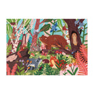 Completed puzzle for the Woodland World 100 Piece Puzzle by Mudpuppy, showing a vibrant, assembled forest scene featuring woodland animals including a bear, fox, owl, raccoon, deer, and various birds among trees and foliage.