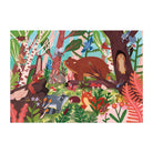 Completed puzzle for the Woodland World 100 Piece Puzzle by Mudpuppy, showing a vibrant forest scene featuring woodland animals including a bear, fox, owl, raccoon, and various birds among trees and foliage.