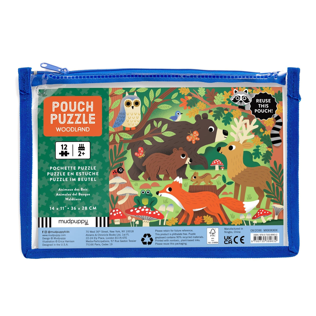 The Woodland 12-Piece Pouch Puzzle by Mudpuppy in its blue-trimmed zipper pouch, featuring a forest scene illustration with an owl, bear, deer, and fox.
