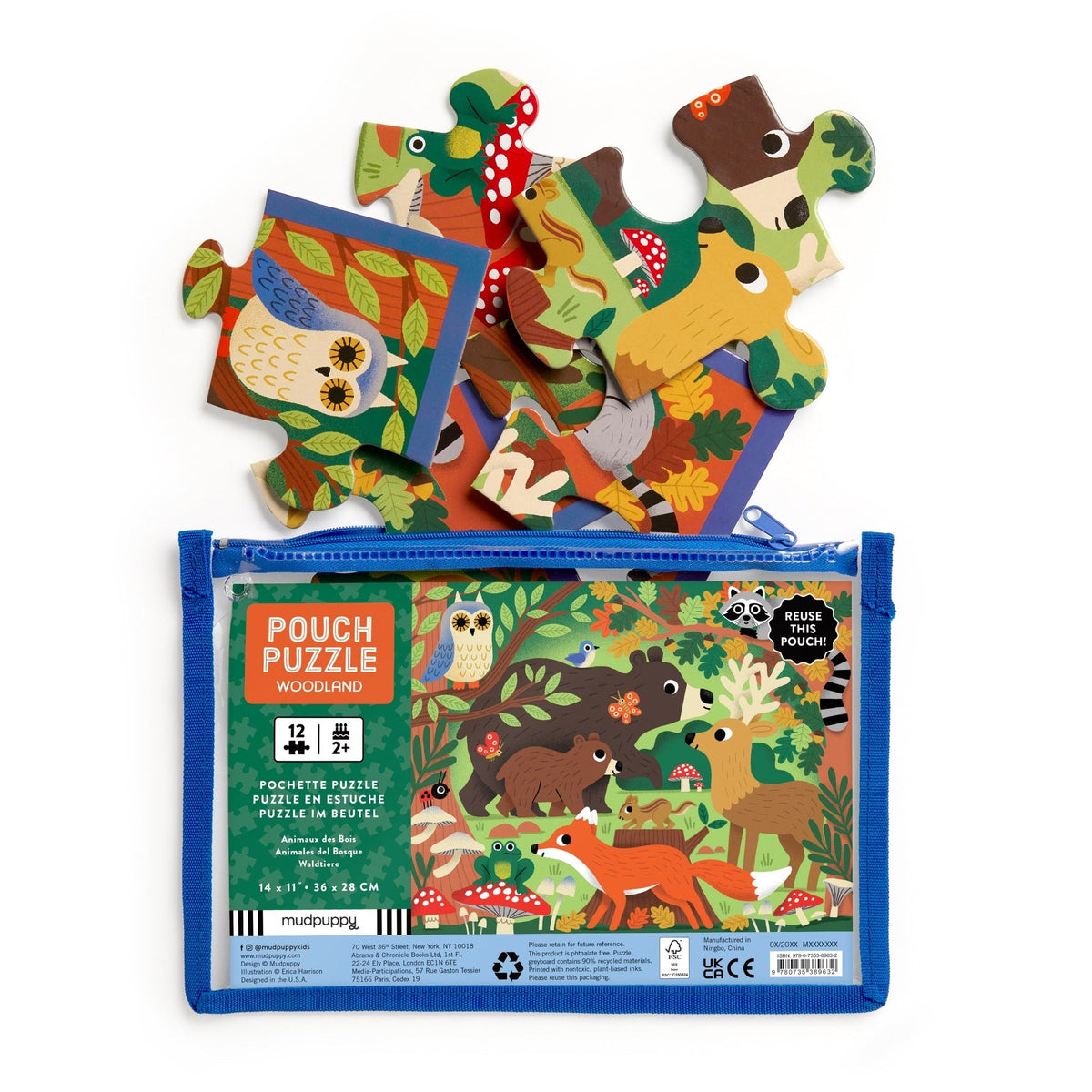 The Woodland 12-Piece Pouch Puzzle by Mudpuppy shown with its reusable blue-trimmed storage pouch alongside several assembled puzzle pieces displaying forest animals including an owl, bear, and fox.