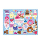 Colorful children's puzzle with cute cartoon-style ice cream cones, cakes, and donuts on a blue background.