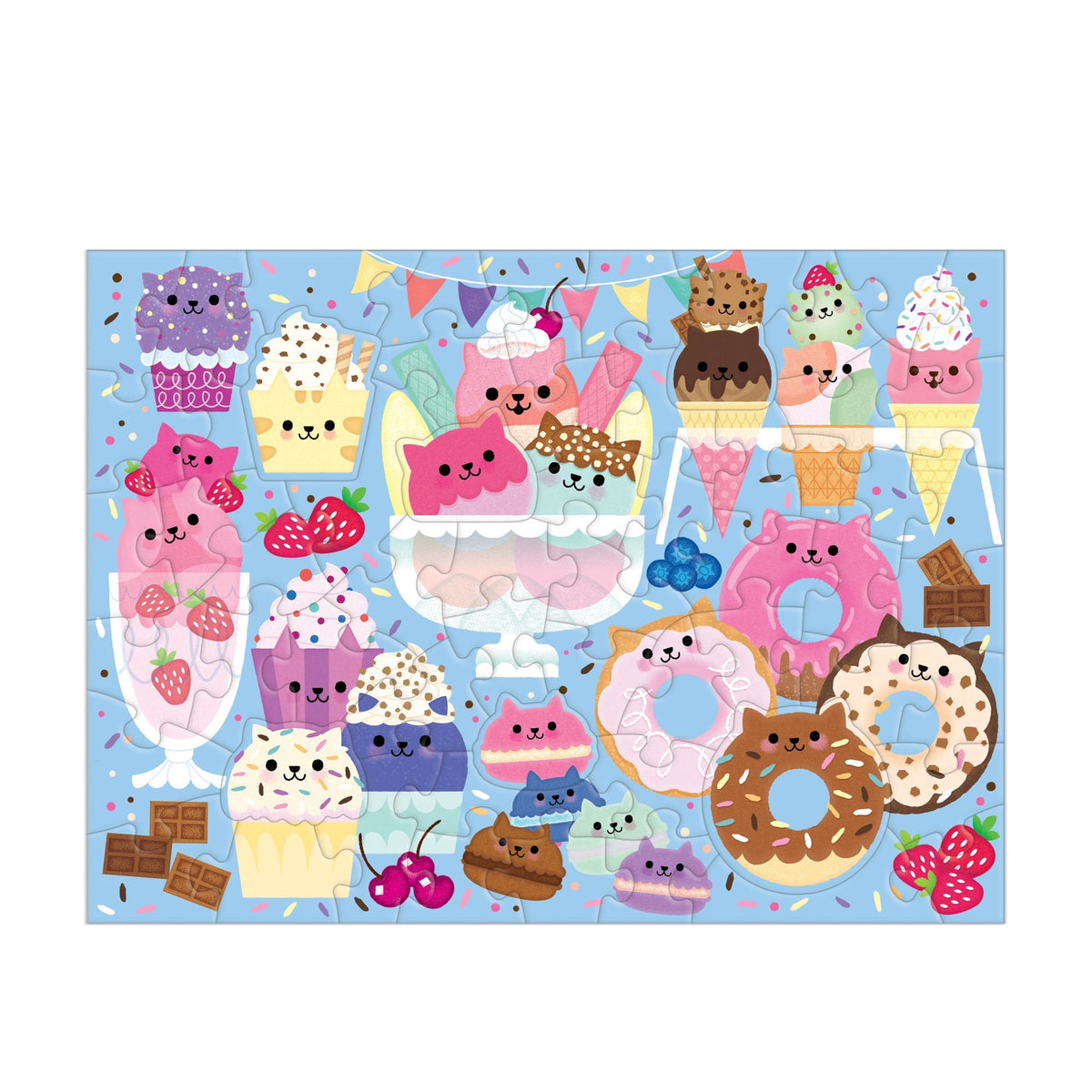 Colorful children's puzzle with cute cartoon-style ice cream cones, cakes, and donuts on a blue background.