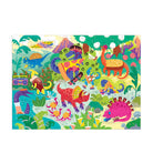 A colorful cartoon illustration for the Pizzasaurus scratch and sniff puzzle, featuring various dinosaurs enjoying pizza, drinks, and music in a prehistoric jungle setting.