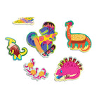 Colorful cartoon illustrations of special-shaped puzzle pieces from the Pizzasaurus scratch and sniff puzzle, featuring dinosaurs shaped like pizza slices, a T-Rex on a skateboard, a stegosaurus carrying juice boxes, and other playful prehistoric scenes.