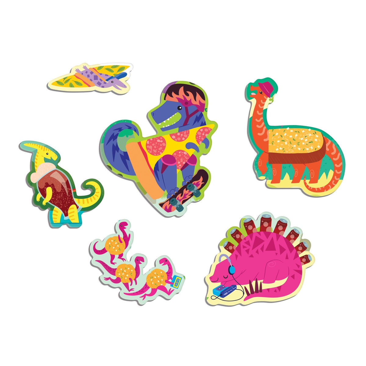 Colorful cartoon illustrations of special-shaped puzzle pieces from the Pizzasaurus scratch and sniff puzzle, featuring dinosaurs shaped like pizza slices, a T-Rex on a skateboard, a stegosaurus carrying juice boxes, and other playful prehistoric scenes.