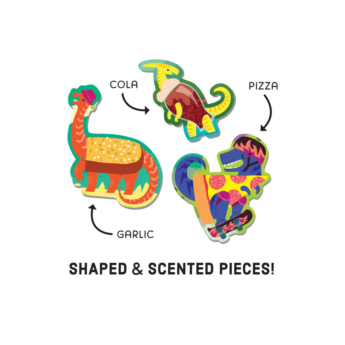 Colorful cartoon illustrations of shaped and scented puzzle pieces from the Pizzasaurus scratch and sniff puzzle, featuring a dinosaur with a cola scent, a dinosaur with a pizza scent, a dinosaur with a garlic scent, and a T-Rex on a skateboard with the text "Shaped & Scented Pieces!".