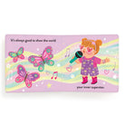 Children's book page with a colorful illustration of a girl holding a microphone and butterflies on a pink background.