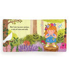 Illustrated book page with a girl in a forest setting and text.