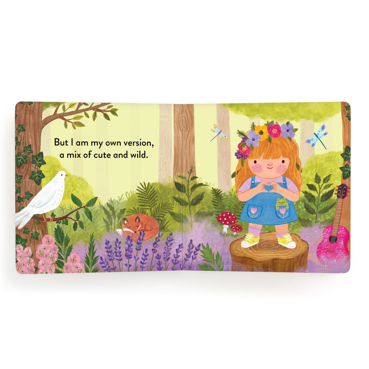 Illustrated book page with a girl in a forest setting and text.