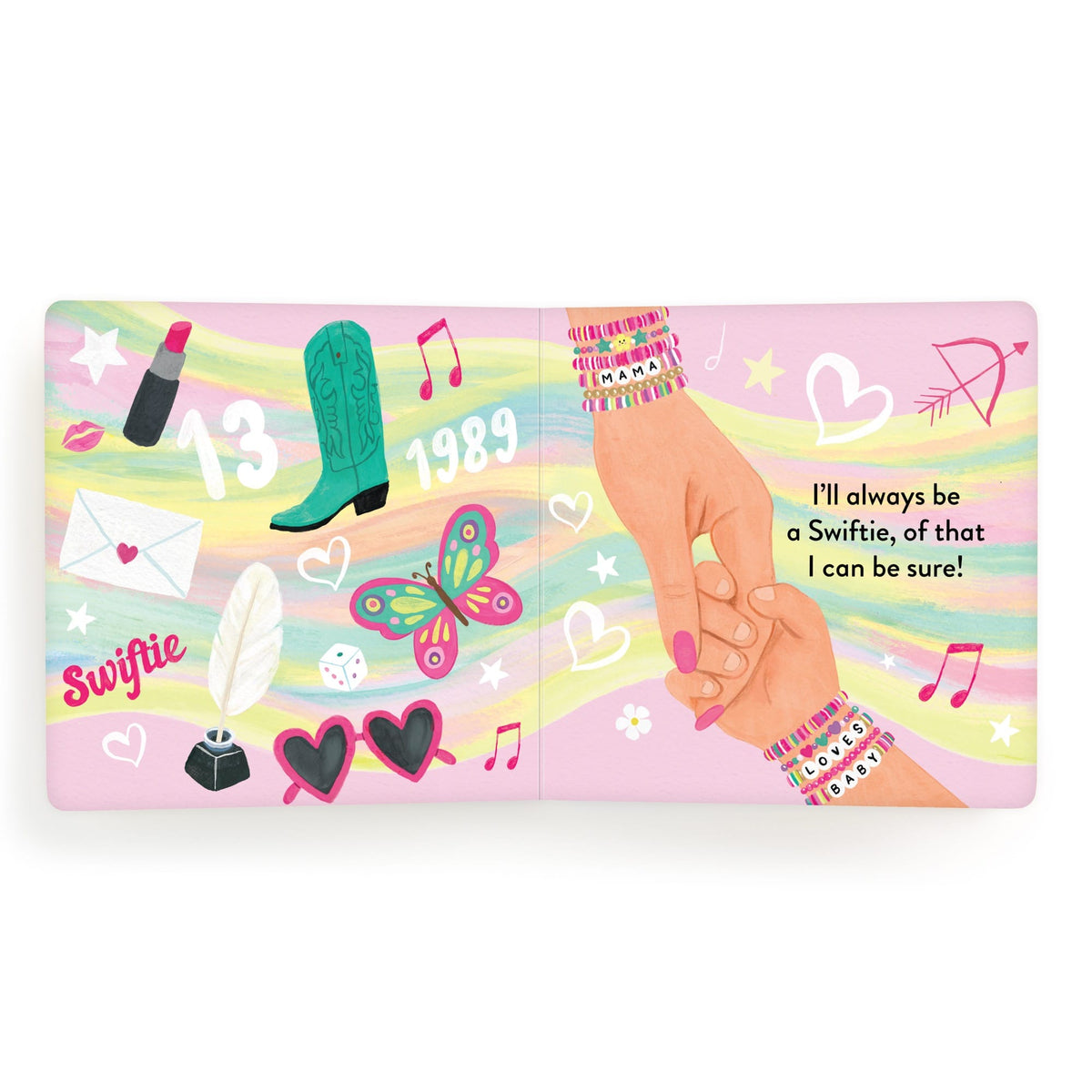Colorful book with illustrations of a hand, boots, and text on a pink background