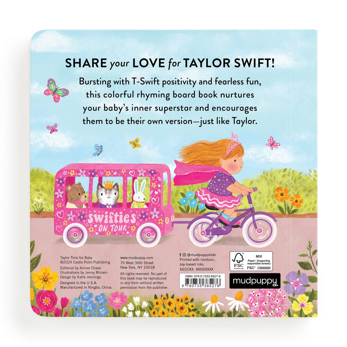 Back cover of a children's book featuring a girl on a bike with a colorful bus and nature scene.