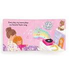 Illustrated book page with a child and mother playing music, featuring Taylor Swift album cover.