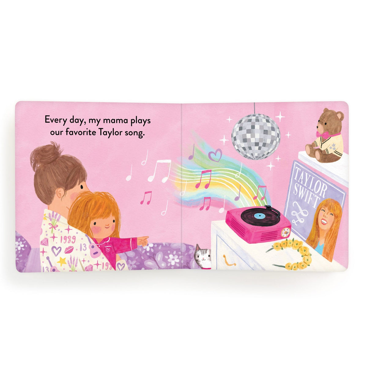 Illustrated book page with a child and mother playing music, featuring Taylor Swift album cover.