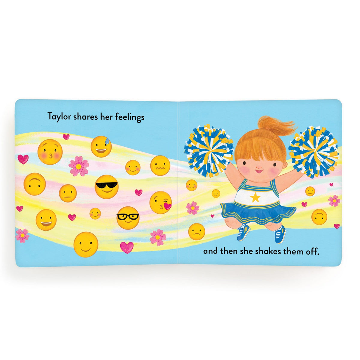 Children's book page with a cheerleader and emoji illustrations on a blue background