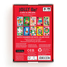 The back of the Jolly 8s! Card Game by Mudpuppy game box, displaying instructions, game details, a grid of playing cards showing holiday animal illustrations, and a barcode.