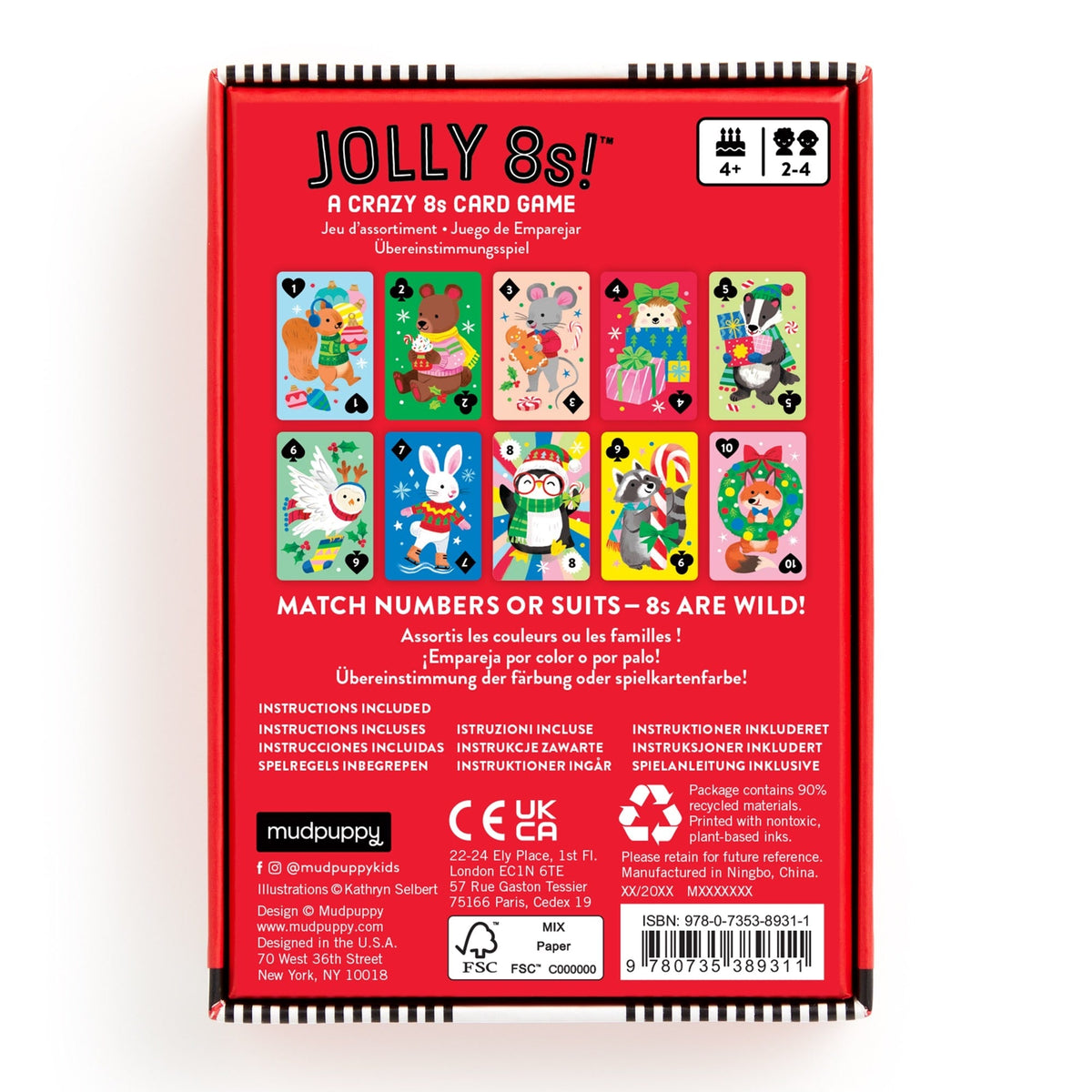 The back of the Jolly 8s! Card Game by Mudpuppy game box, displaying instructions, game details, a grid of playing cards showing holiday animal illustrations, and a barcode.