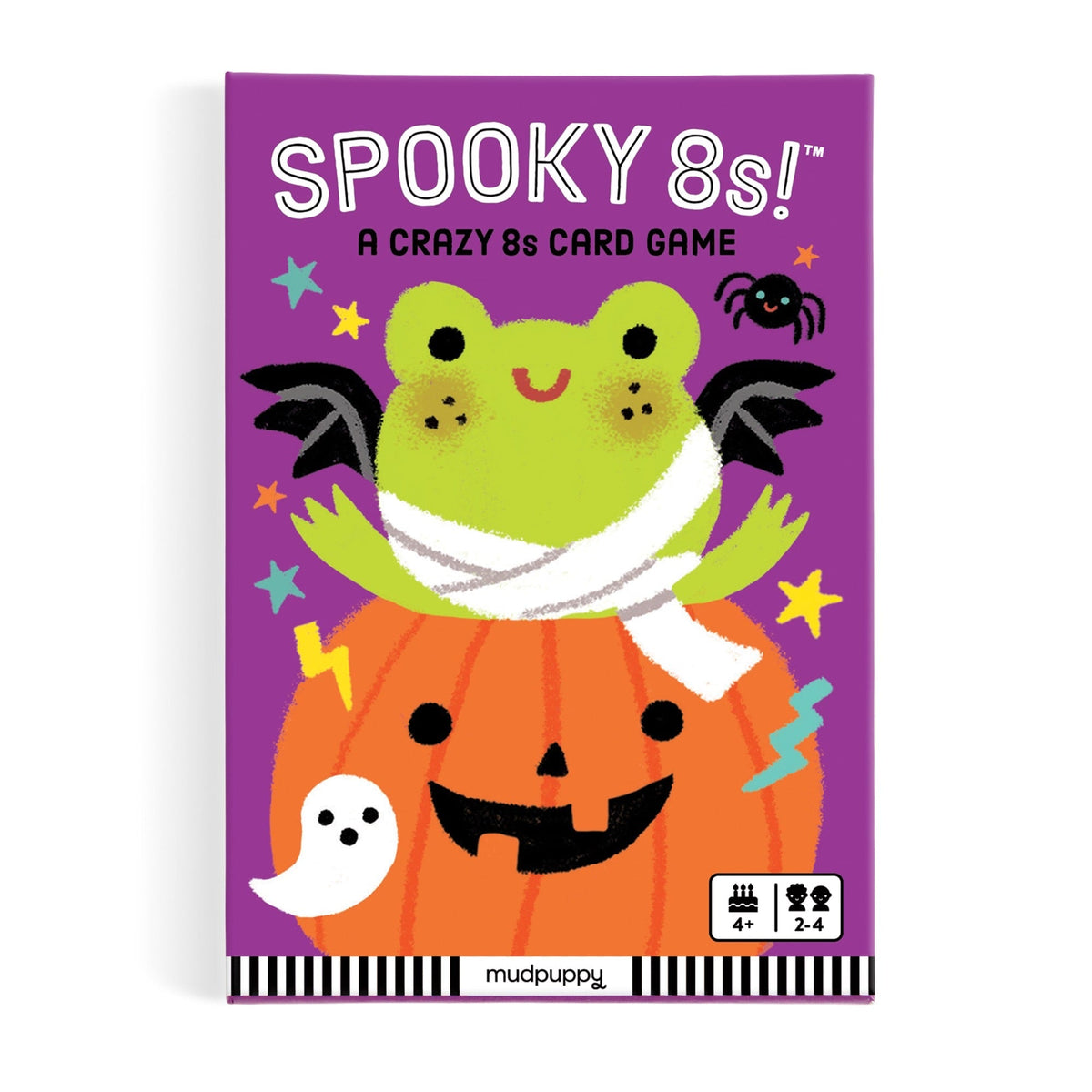 Halloween-themed card game box with a frog in a pumpkin costume on a purple background
