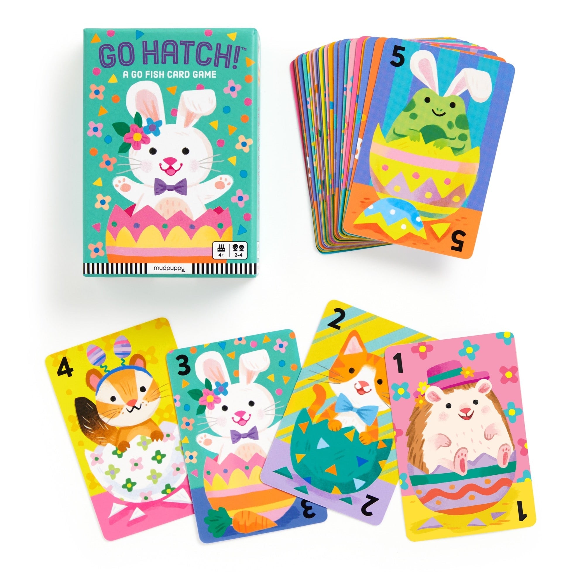 Colorful card game 'Go Hatch!' with animal-themed cards and packaging on a white background