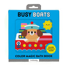 Color Magic Bath Book - Busy Boats featuring a friendly dog captain on a red and white boat against a bright blue background with a smiling sun and the title "BUSY BOATS" and banner reading "COLOR MAGIC BATH BOOK".