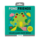 Color Magic Bath Book - Pond Friends product packaging featuring a teal cover with a smiling green frog illustration, pink cheeks, and yellow flowers, with text that reads "POND FRIENDS" and "COLORS APPEAR IN WATER!".