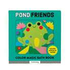 Color Magic Bath Book - Pond Friends interior page showing an illustration of a green frog sitting on a lily pad in a pond with flowers and other pond elements, alongside text that reads "WHO LIKES TO SPLASH AND PLAY?".