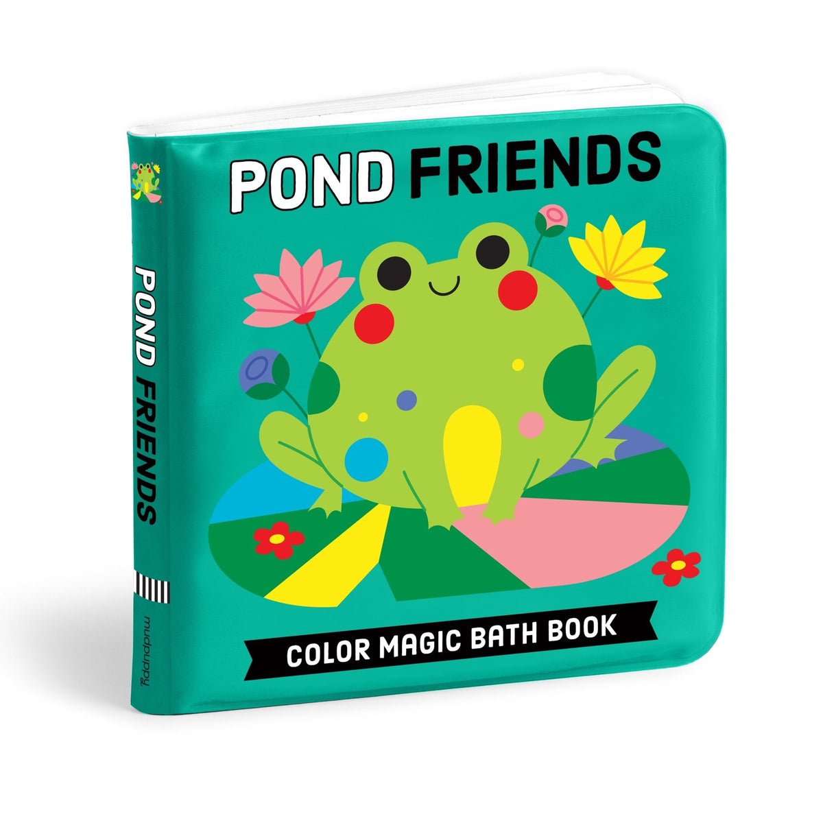 Color Magic Bath Book - Pond Friends product packaging featuring a teal cover with a smiling green frog illustration, pink cheeks, and yellow flowers, with text that reads "POND FRIENDS" and "COLOR MAGIC BATH BOOK".