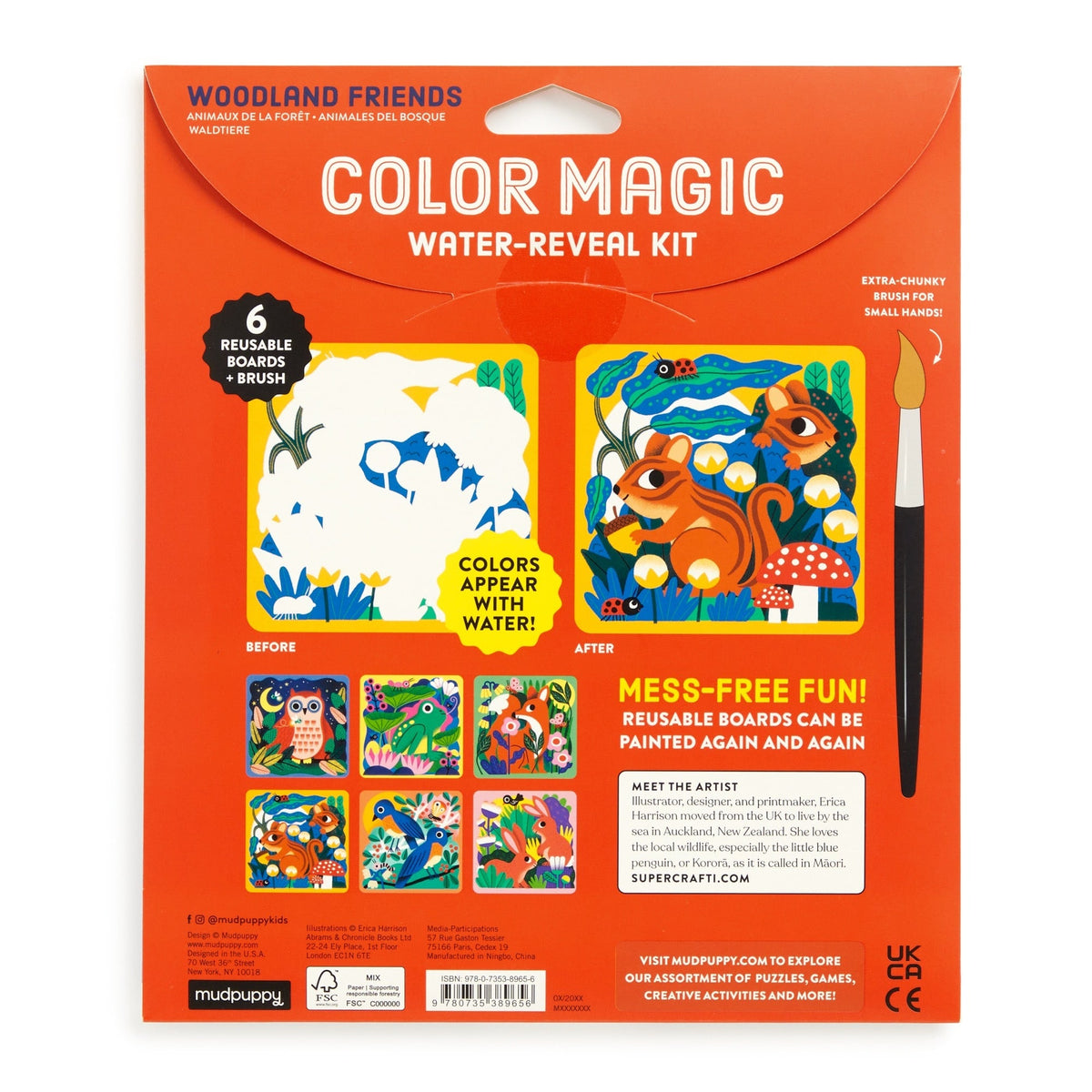 The back of the product packaging for the Mudpuppy Woodland Friends Color Magic Water-Reveal Kit, featuring an orange background with product information, a preview of "before" and "after" water-reveal scenes showing a forest animal illustration, and an image of the included chunky paintbrush on the right side.