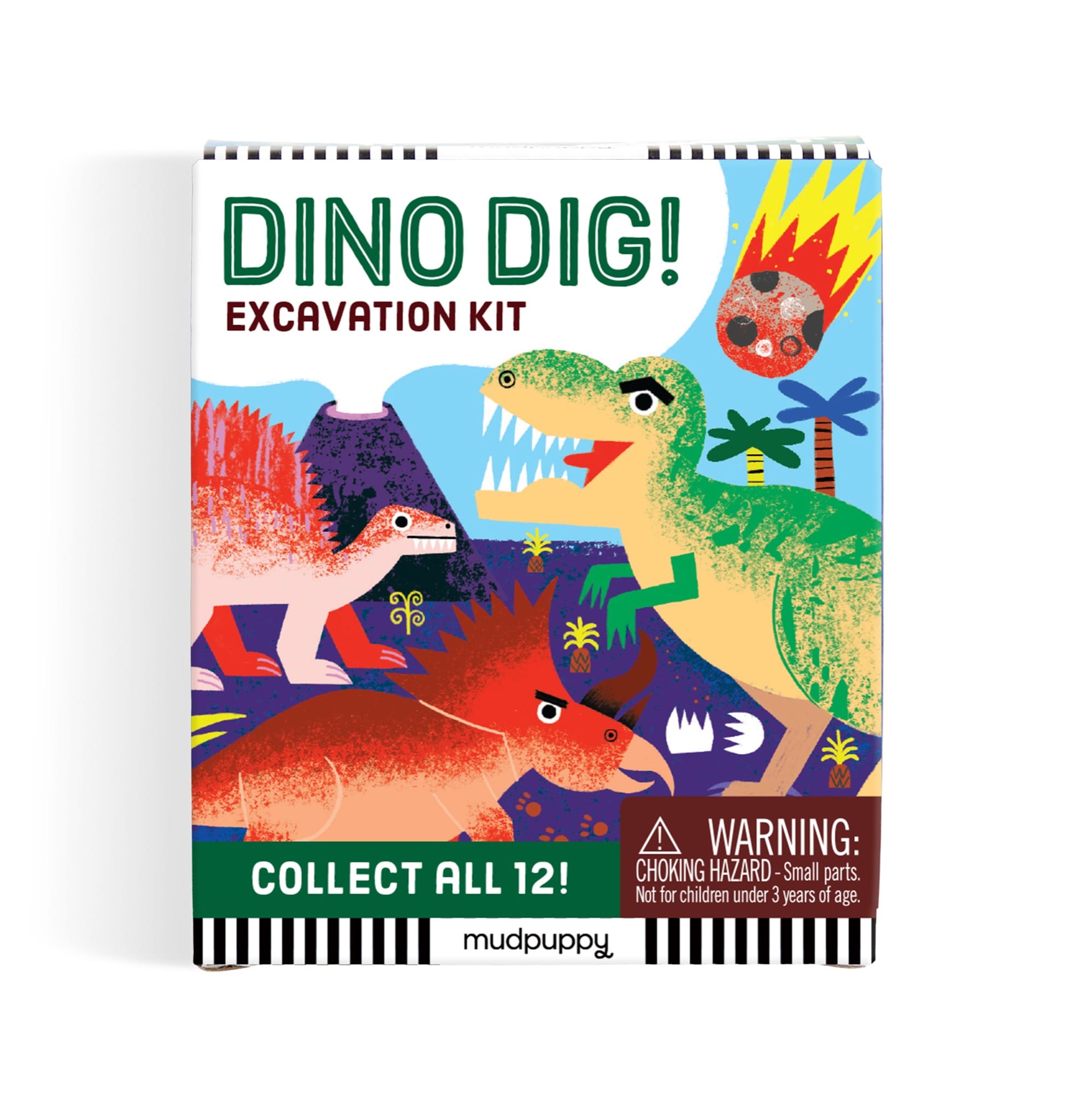 Dino Dig Excavation Kit by Mudpuppy product packaging box showing a colorful cartoon dinosaur landscape with a volcano and the text "Dino Dig! Excavation Kit" and "Collect All 12 Dinos!"