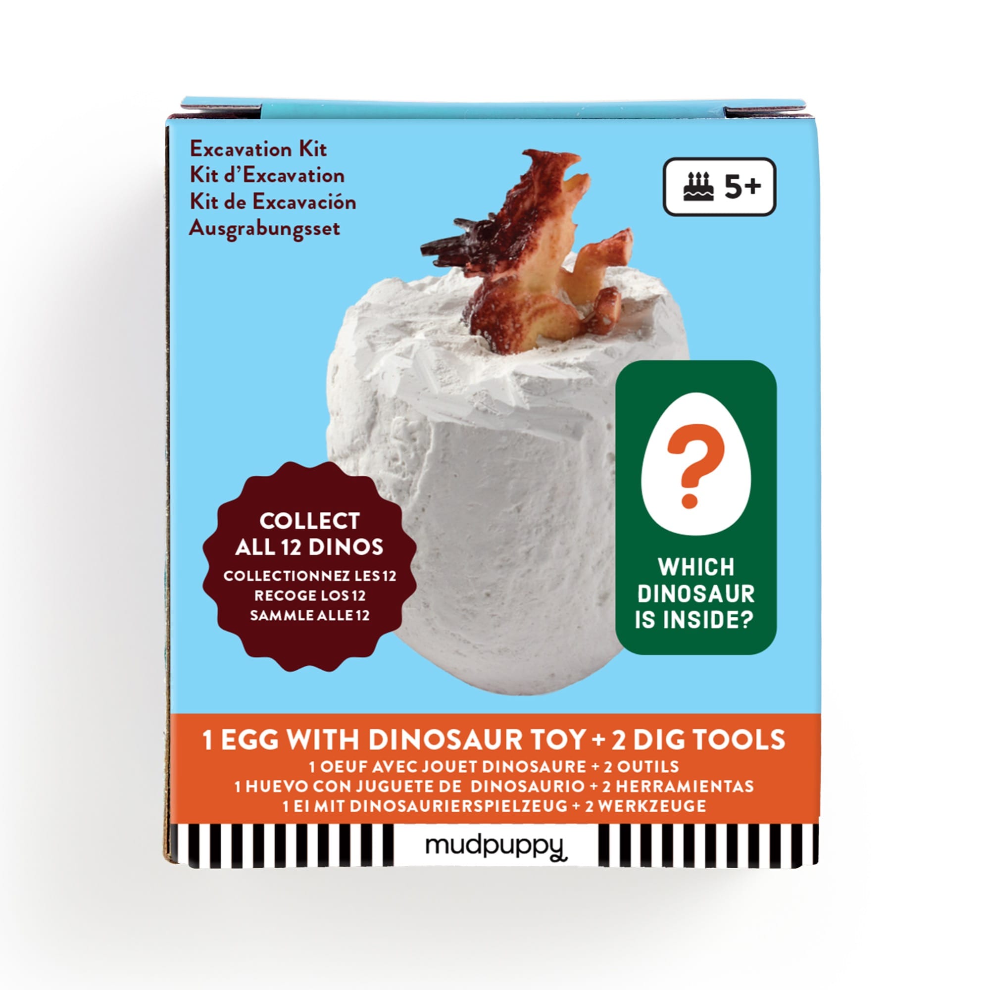 Dino Dig Excavation Kit by Mudpuppy product packaging box showing a light-colored toy dinosaur egg with a figurine emerging from the top, against a blue background with text including "Excavation Kit" and "Collect All 12 Dinos!"