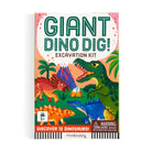 The green box for the Giant Dino Dig! Excavation Kit by Mudpuppy, featuring an illustration of a cracked white egg with colorful toy dinosaurs visible inside, alongside text indicating it includes 12 dinosaurs to discover for ages 5 and up.