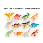 Twelve small plastic toy dinosaurs arranged on a white background beneath the text "DIG THE EGG TO DISCOVER 12 DINOS."