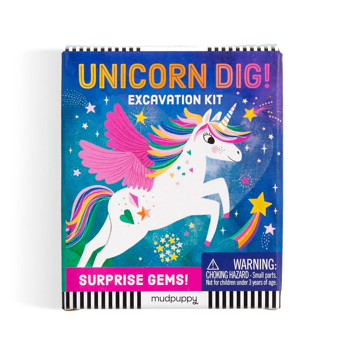 A product box for the Unicorn Dig! Excavation Kit by Mudpuppy, featuring a white pegasus-unicorn with a rainbow mane and tail, surrounded by stars and gems against a purple and blue background.