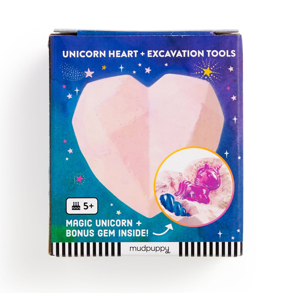 A product box for the Unicorn Dig! Excavation Kit by Mudpuppy, featuring a large pink heart-shaped digging block with text reading "Unicorn Heart + Excavation Tools" and a small purple unicorn figurine visible at the bottom.