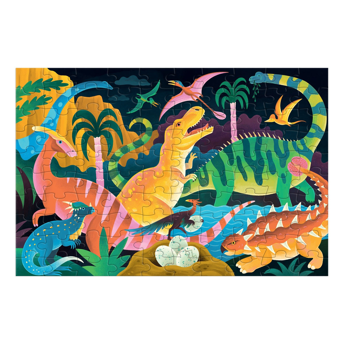 A product photo of the Dinosaur Park 100 Piece Glow in the Dark Puzzle by Mudpuppy completed puzzle against a white background, featuring a colorful prehistoric scene with various illustrated dinosaurs in a park.