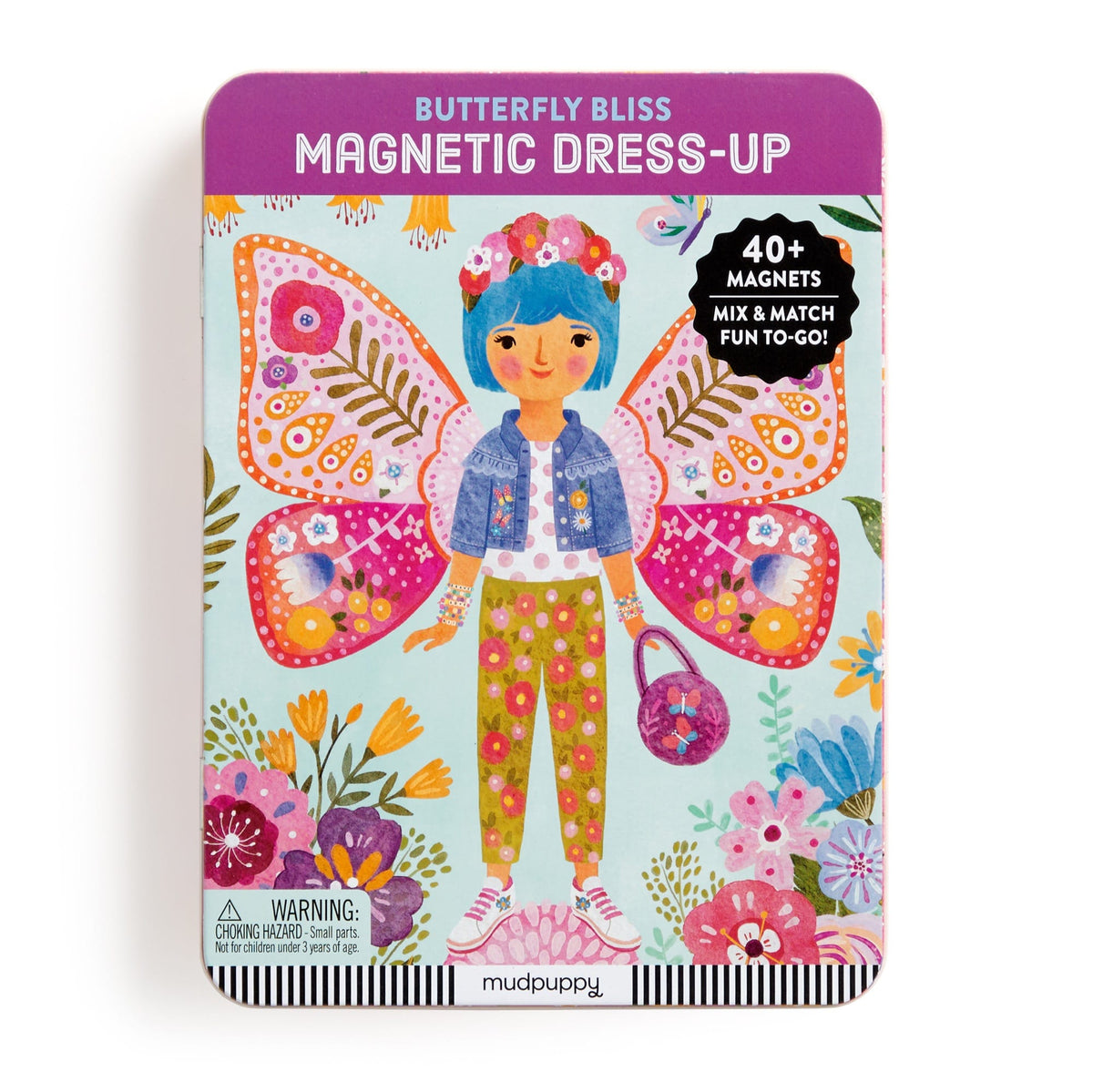 Magnetic dress-up toy packaging with a girl in butterfly costume on a white background