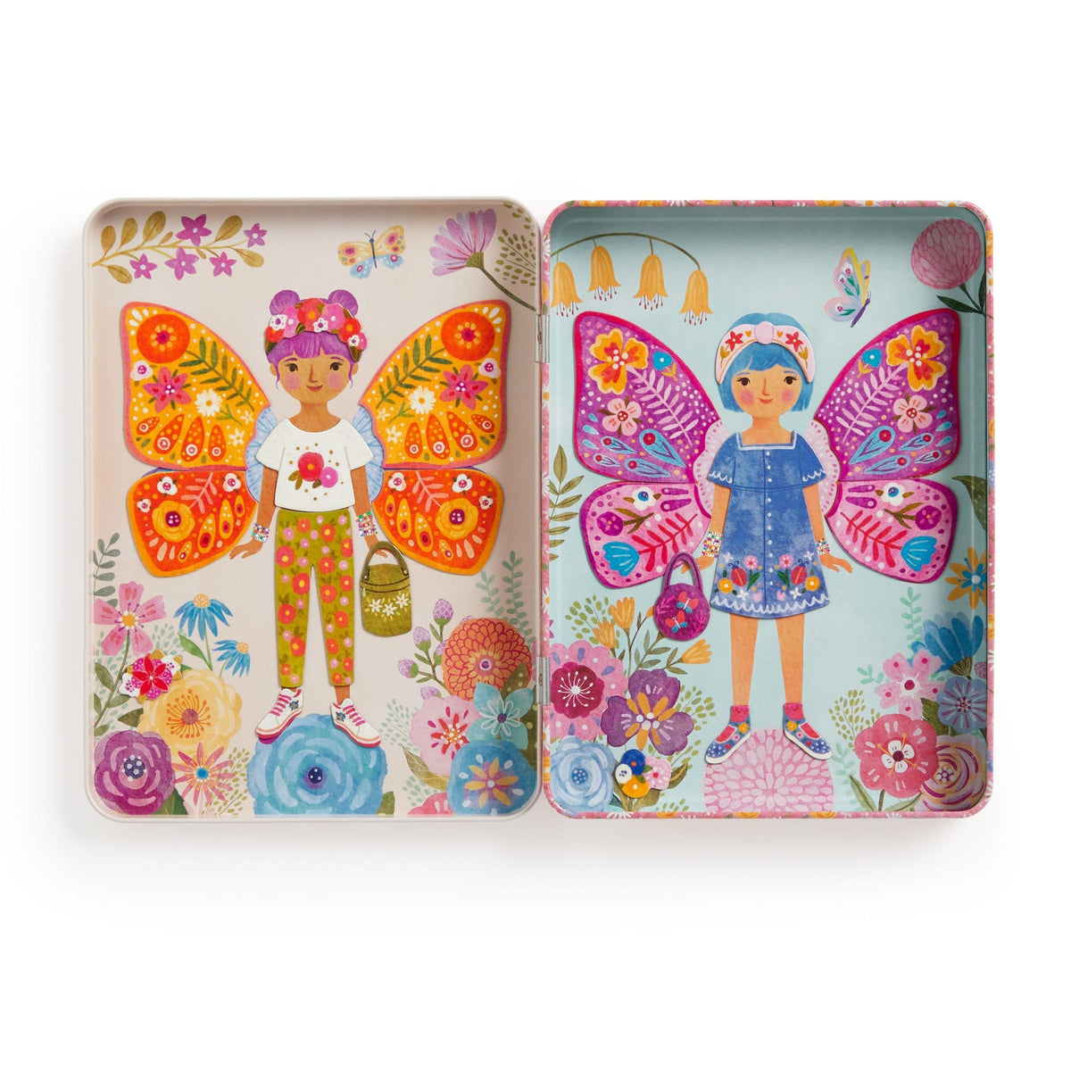 Two colorful tins with illustrations of girls with butterfly wings and floral designs on a white background.