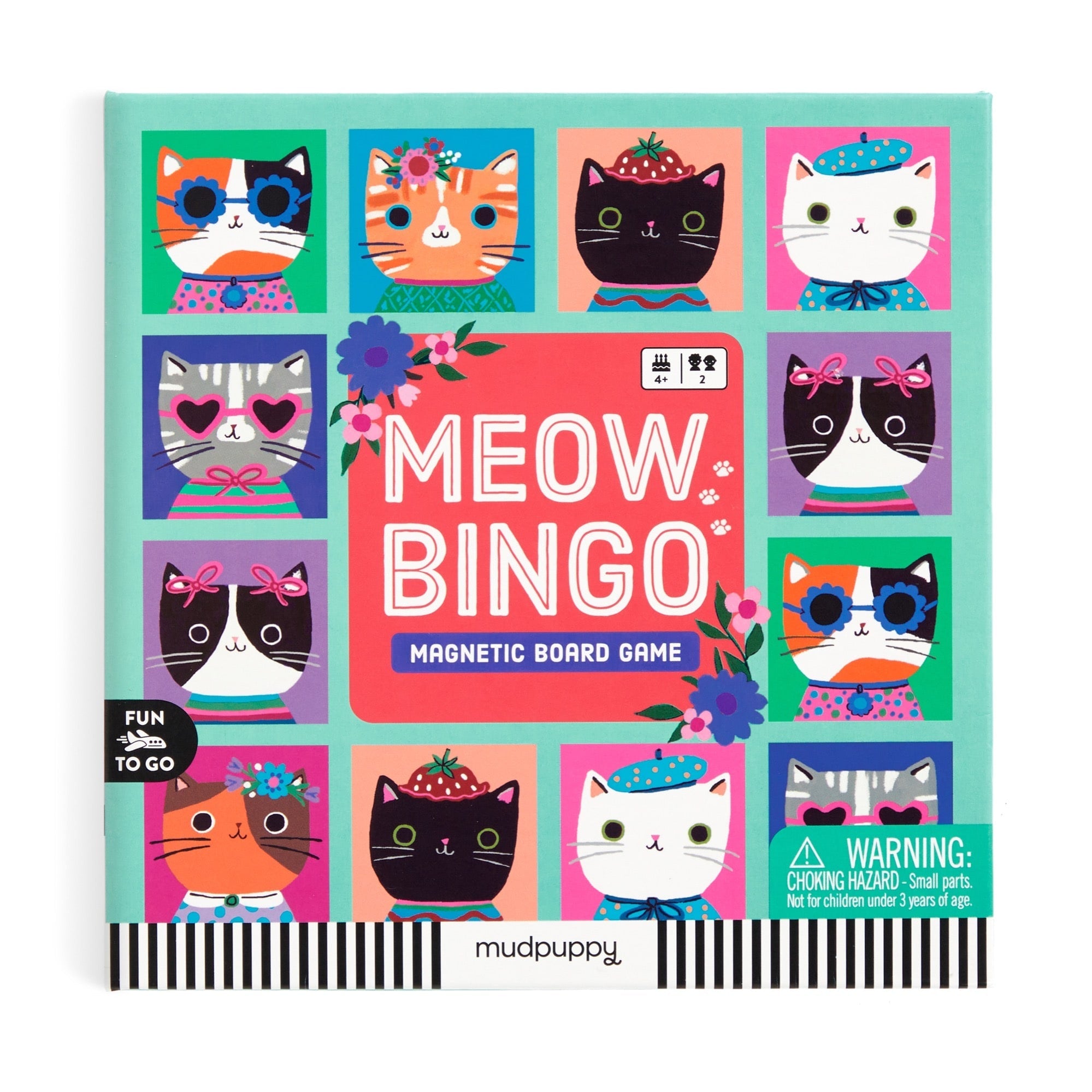 Meow Bingo magnetic board game packaging with cat illustrations on a white background