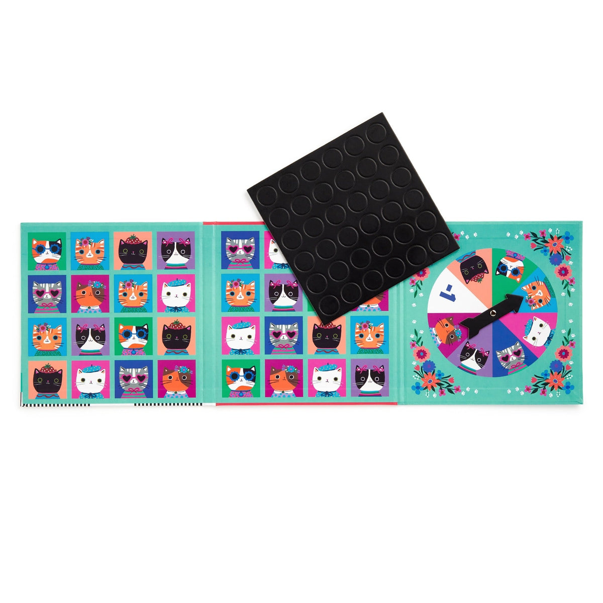 Colorful pop-it toy with cat designs on a white background